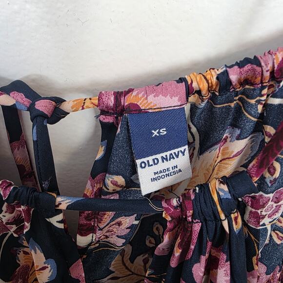 Old Navy Blue Pink Floral Whimsical Waist Defined Halter Satin Midi Dress Sz XS - Picture 4 of 8